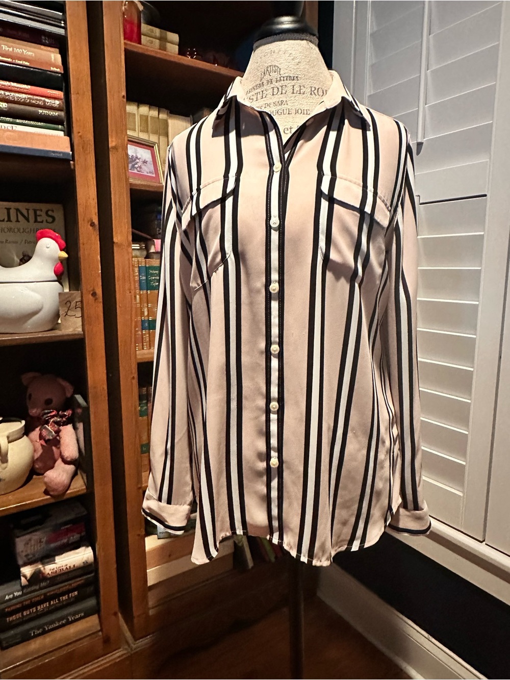 LOFT Cream Blouse with Black Vertical Stripes